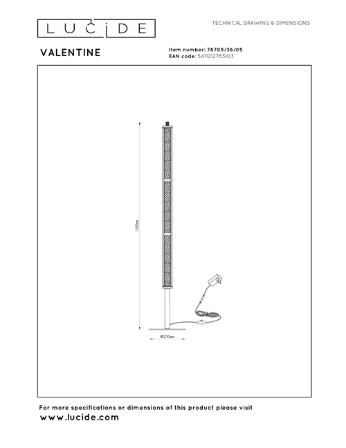 Lucide VALENTINE - Floor lamp - Ø 23 cm - LED Dim. - CCT - 1x37W 2200K/3000K - Champagne Color - Vibes - technical